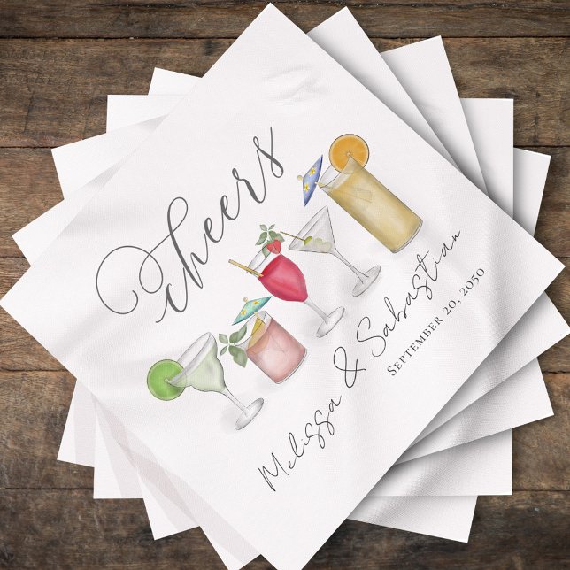 Watercolor Wedding Cocktails Personalized Napkins (Cheers, cute wedding cocktail napkin with cocktails artwork. )