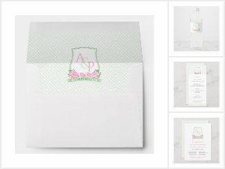 Watercolor Wedding Crest In Pink And Green