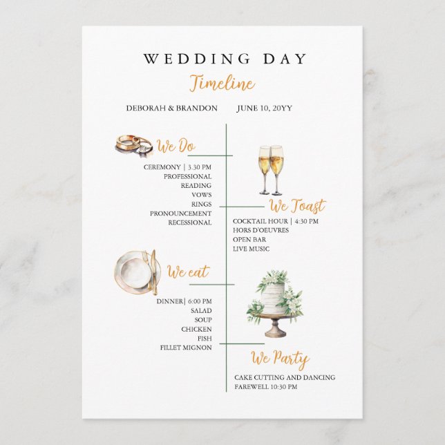 Watercolor Wedding day Timeline Flat Program (Front)
