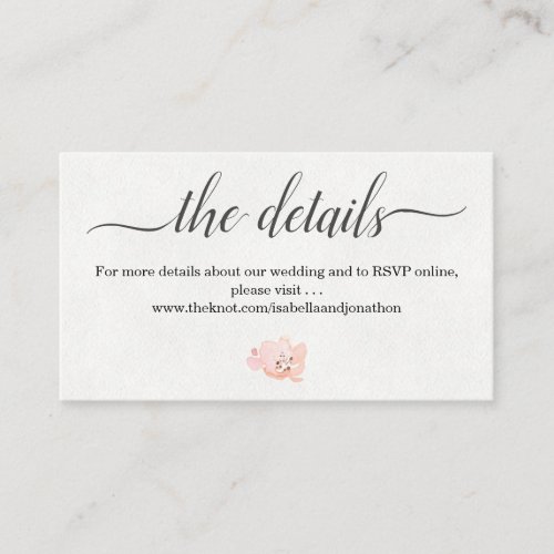 Watercolor Wedding Details Website Enclosure Card - Information Card Insert - A floral invitation enclosure for a bridal shower, baby shower, wedding, or even a birthday invitation, letting your guests know any additional details for the event.  A delicate flower in blush peach and yellow watercolor on a solid white background contrast nicely with the sage green watercolors on the reverse side.