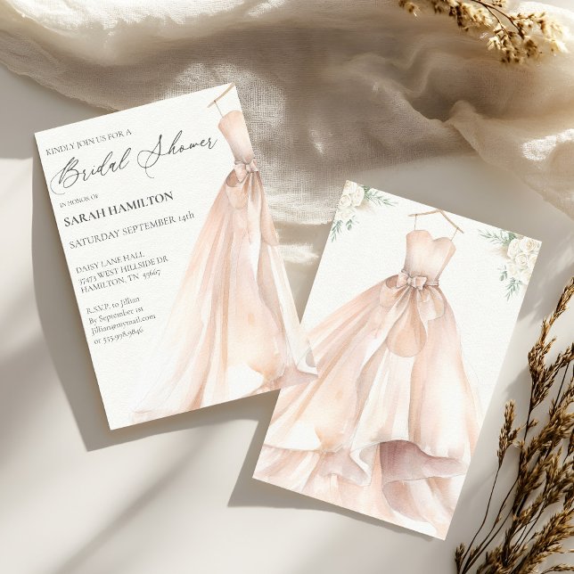 Watercolor Wedding Dress Bridal Shower Invitation (Simple Elegant Water Color Wedding Gown muted pastel colors with white boho floral bouquet )