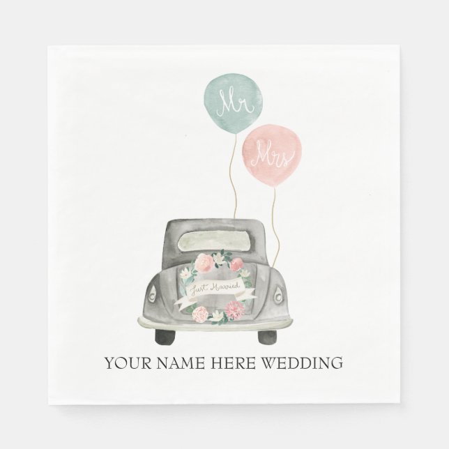 Watercolor Wedding Getaway Car Napkins (Front)