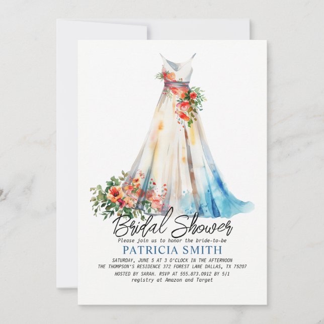 Watercolor Wedding Gown Bridal Shower Invitation (Front)