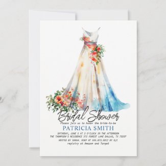 Watercolor Wedding Gown Bridal Shower Invitation