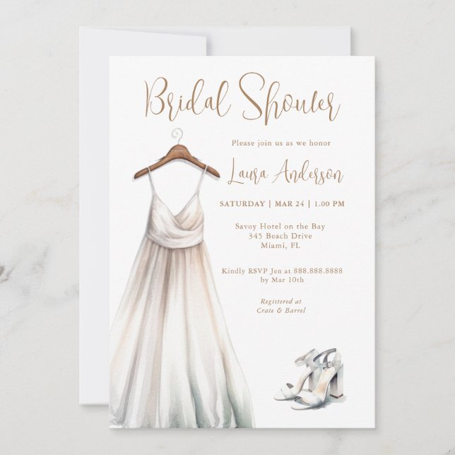 Watercolor Wedding gown Bridal Shower Invitation (Front)