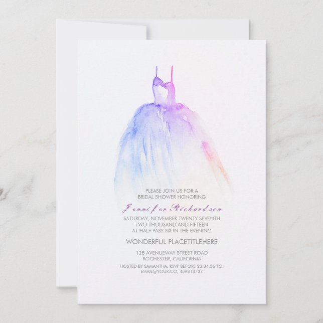 Watercolor Wedding Gown Bridal Shower Invitations (Front)