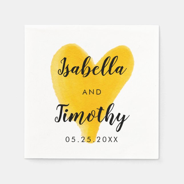 Watercolor Wedding Hand Lettering Yellow Heart Napkins (Front)