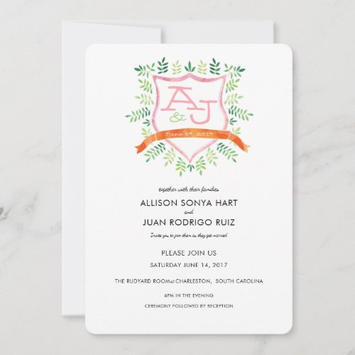 Watercolor Wedding Invitation with Crest Monogram