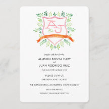 Watercolor Wedding Invitation with Crest Monogram
