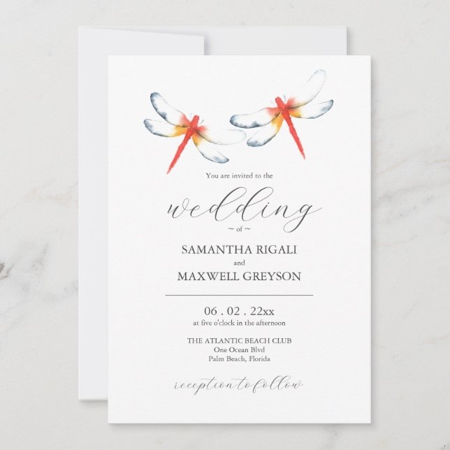 Watercolor Wedding Invitations Red Dragonflies (Front)