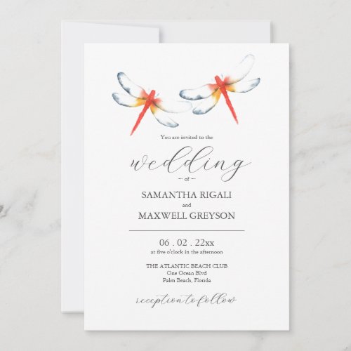 Watercolor Wedding Invitations Red Dragonflies