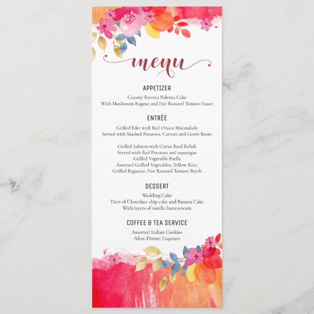 Watercolor Wedding Menu Card Colorful Floral Menus (Front)