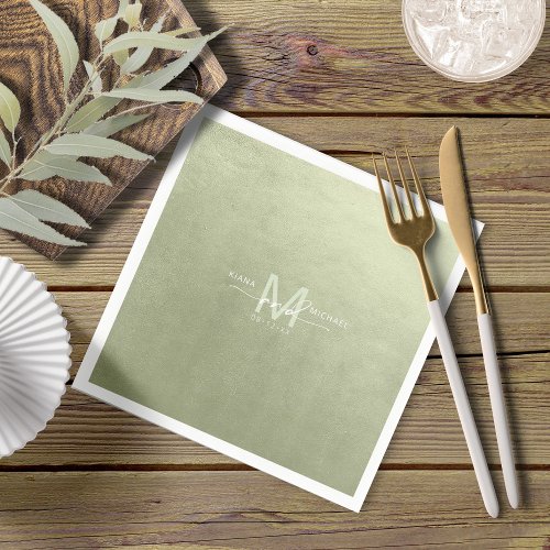 Watercolor Wedding Monogram Sage Green ID786 Napkins