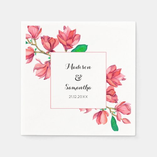 Watercolor Wedding Pink White Magnolia Floral Napkins