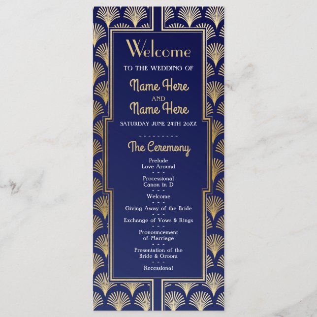 Watercolor Wedding Program 1920's Art Deco Gold (Front)