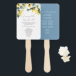 Watercolor Wedding Program Template Blue & Yellow Hand Fan<br><div class="desc">Elevate your special day with our exquisite Wedding Program Fan, featuring a stunning watercolor design of delicate yellow hibiscus flowers that symbolize happiness and celebration. Crafted with care, this fan not only offers your guests a gentle breeze but also serves as a beautiful keepsake of your union. The front showcases...</div>