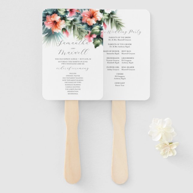 Watercolor Wedding Programs Tropical Hibiscus Hand Fan (Front and Back)