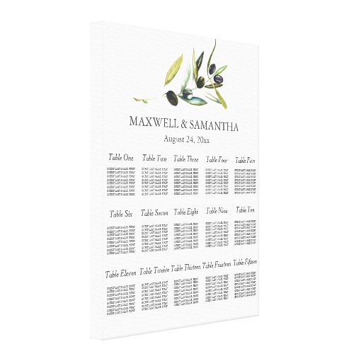 Watercolor Wedding Seating Chart Botanical Olive Canvas Print Zazzle