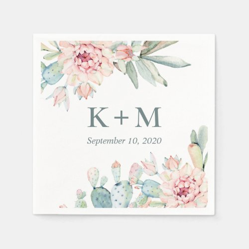 Watercolor wedding succulents Pink floral cactus Napkins