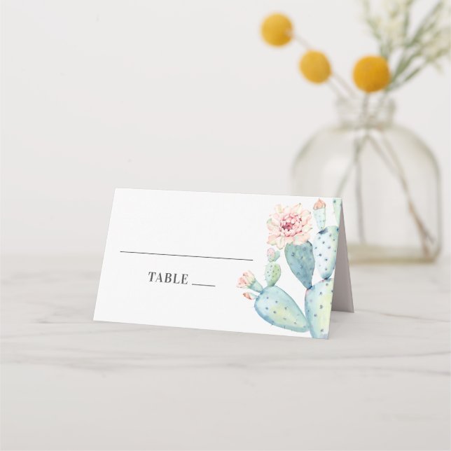 Watercolor wedding succulents. Pink floral cactus Place Card (Front)