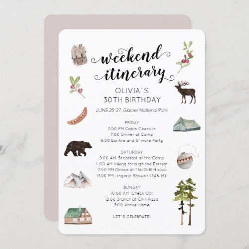 Watercolor Weekend in the Woods Itinerary  Invitation