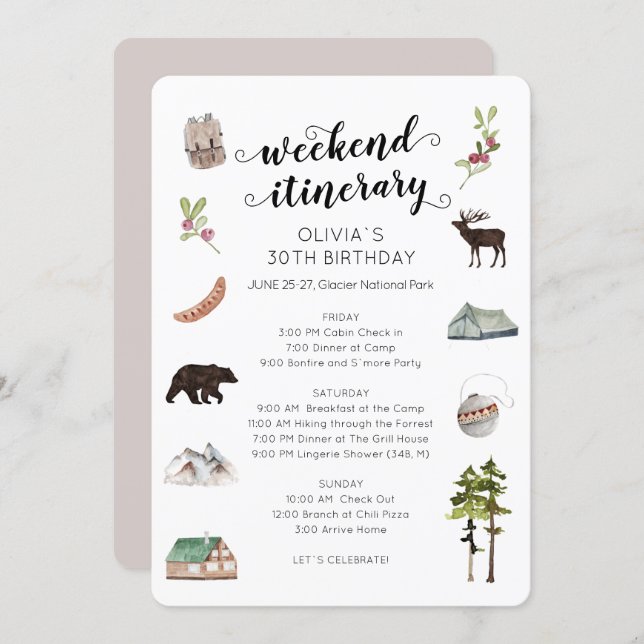 Watercolor Weekend in the Woods Itinerary  Invitation (Front/Back)