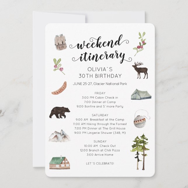 Watercolor Weekend in the Woods Itinerary  Invitation (Front)