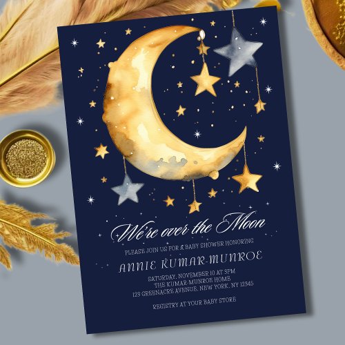 Watercolor Were Over the Moon Boy Baby Shower Invitation