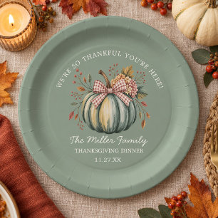 Watercolor We're so Thankful You're Here Pumpkin Paper Plates