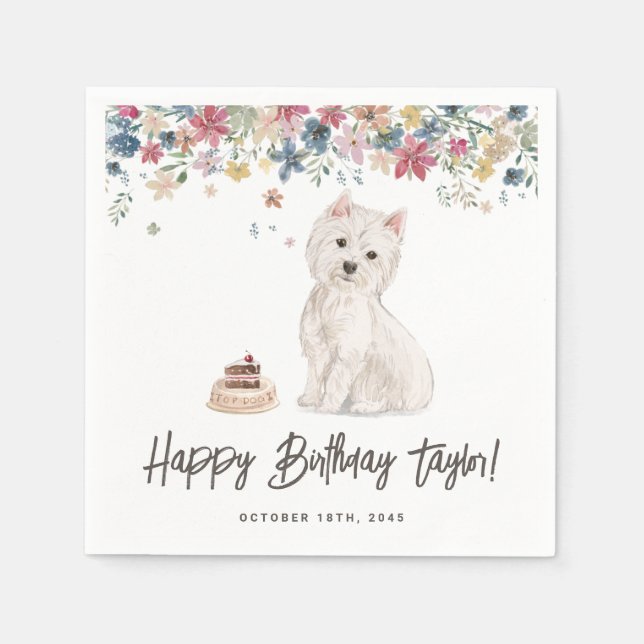Watercolor West Highland White Terrier Birthday Napkins (Front)