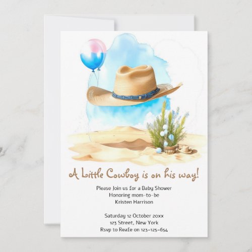 Watercolor Western Baby Boys Cowboy Shower Invitation