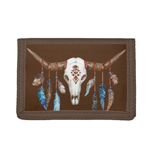 Watercolor Western Cow Skull and Feathers Trifold Wallet