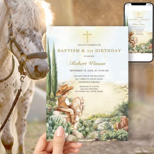Watercolor Western Cowboy Boy Baptism Invitation