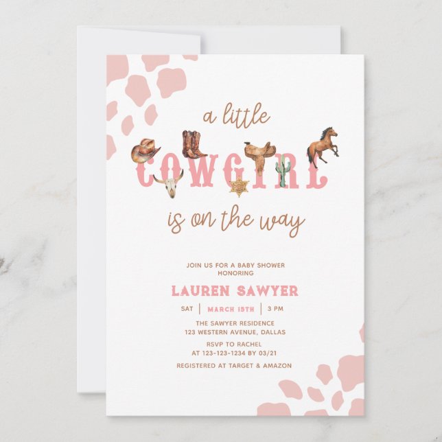 Watercolor Western Cowgirl Baby Girl Shower Invitation (Front)