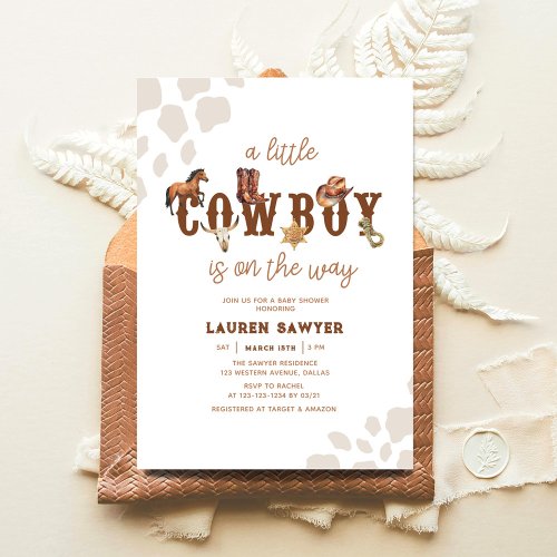 Watercolor Western Little Cowboy Baby Boy Shower Invitation