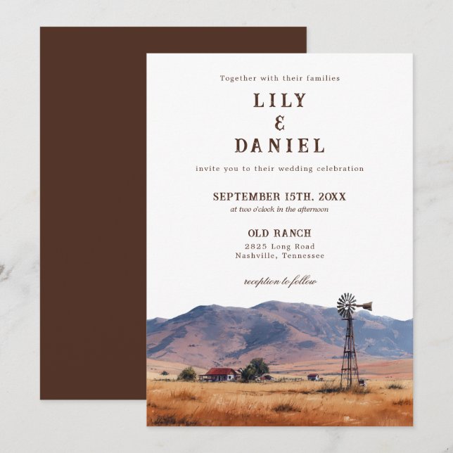 Watercolor Western Mountain Cowboy Ranch Wedding Invitation (Front/Back)