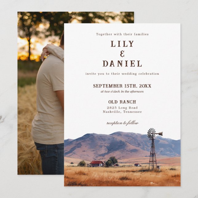 Watercolor Western Mountain Ranch Photo Wedding Invitation (Front/Back)