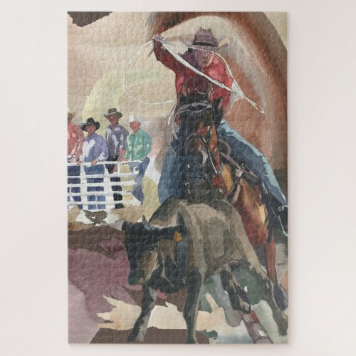 Watercolor Western Rodeo Cowboy Bull Roping Jigsaw Puzzle