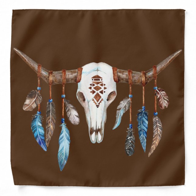 Watercolor Western Skull with Feathers Bandana (Front)
