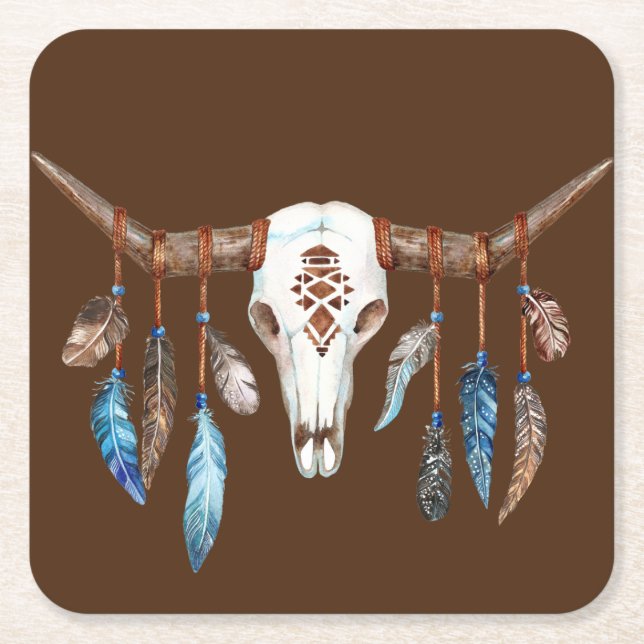 Watercolor Western Skull with Feathers Square Paper Coaster (Front)