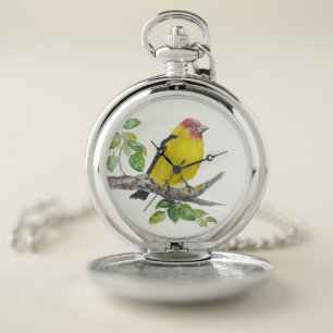 Watercolor Western Tanager Bird Birding Birdwatch Pocket Watch