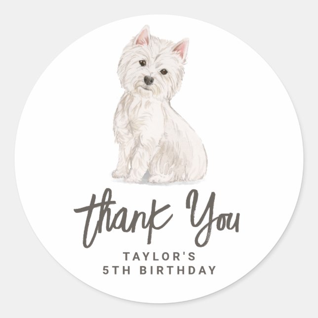 Watercolor Westie Dog Birthday Party Thank You Classic Round Sticker (Front)