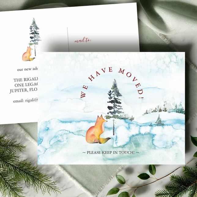 Watercolor We've Moved Christmas Fox Postcards (Winter moving announcement watercolor fox and snowy landscape Victoria Grigaliunas Do Tell A Belle)