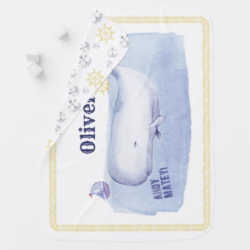 Watercolor Whale Ahoy Matey Nautical Baby Blanket