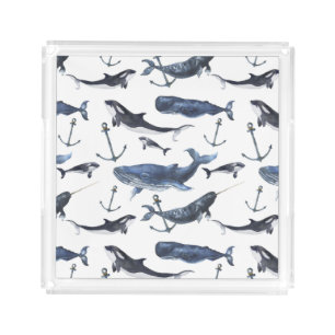 Watercolor Whale & Anchor Pattern Acrylic Tray