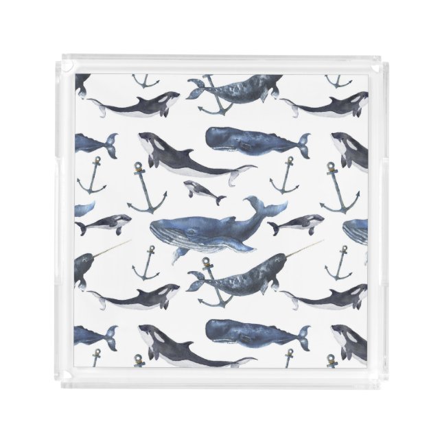Watercolor Whale & Anchor Pattern Acrylic Tray (Front)