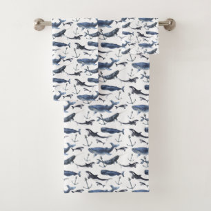 Watercolor Whale & Anchor Pattern Bath Towel Set
