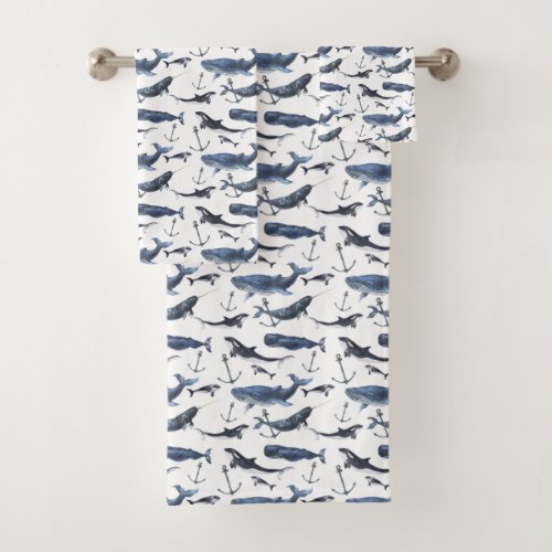 Watercolor Whale  Anchor Pattern Bath Towel Set