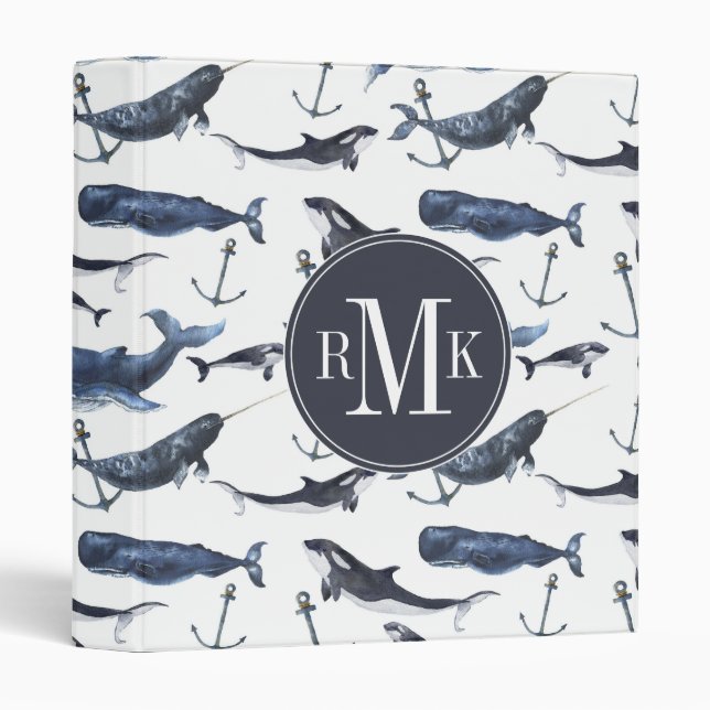 Watercolor Whale & Anchor Pattern Binder (Front/Spine)