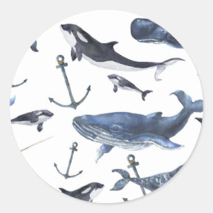 Watercolor Whale & Anchor Pattern Classic Round Sticker